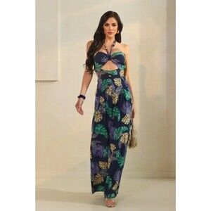 NWT The Sang Womens Blue Jumpsuit Tropical Floral Print Halter Neck Wide Leg S